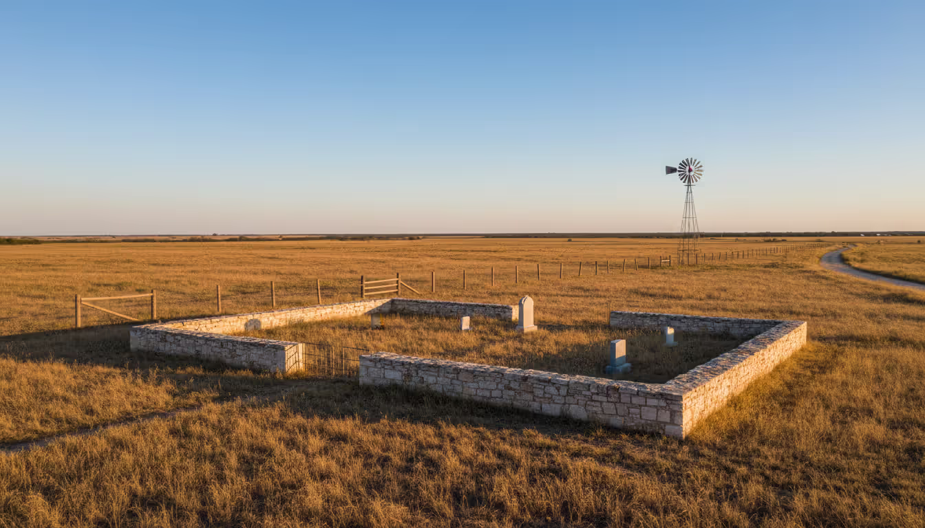 A wide rural Texas property with a small fenced family burial plot containing simple headstones, dry grass, a windmill in the distance, and a clear blue sky