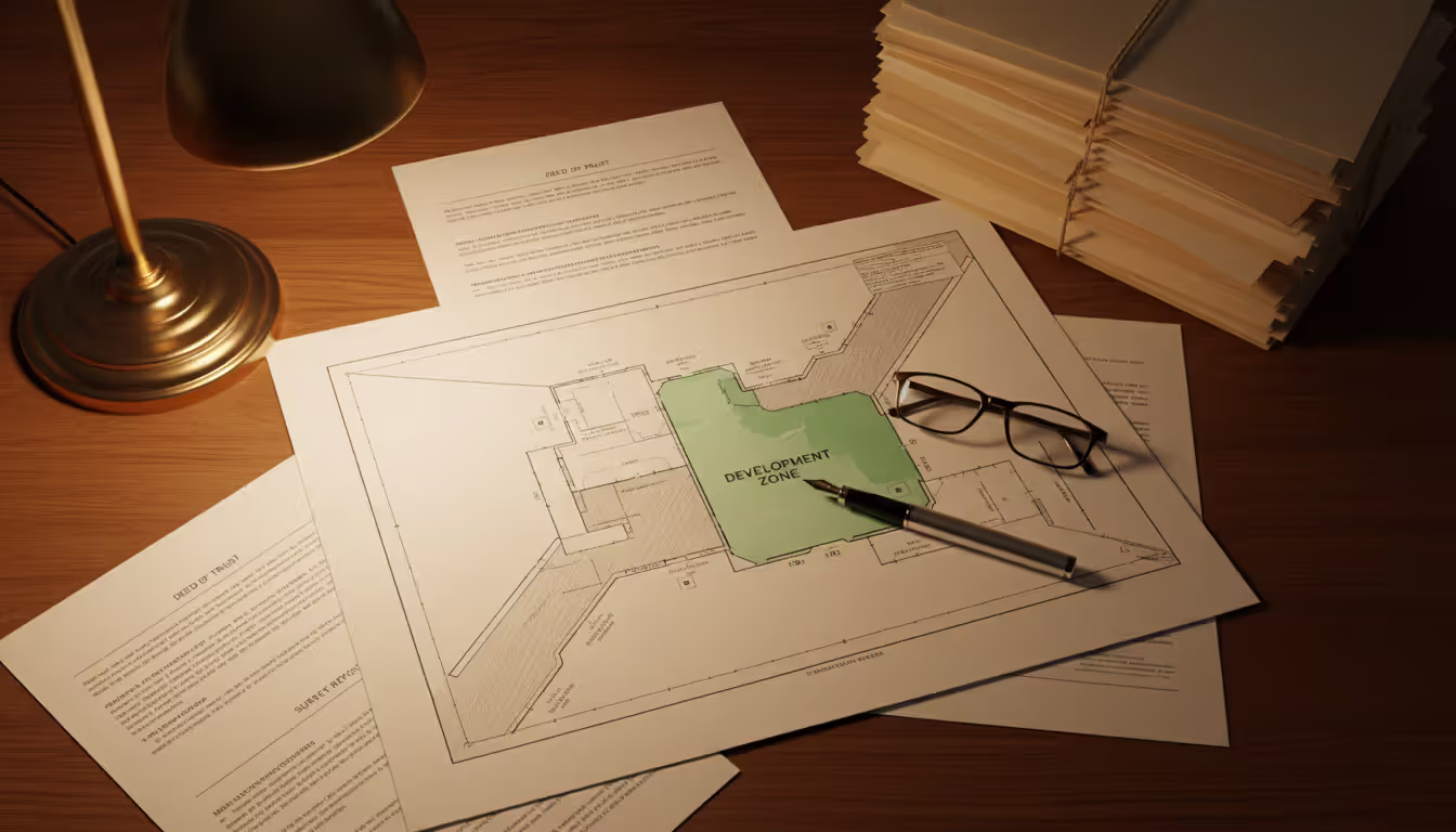 A desk with spread-out legal documents, a property plat map showing land boundaries, reading glasses, a pen, and stacked folders under warm desk lamp lighting