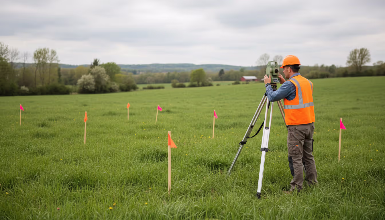 A land surveyor in work vest using a total station on a tripod in a green rural field with wooden stakes and bright flags marking property boundaries under an overcast sky