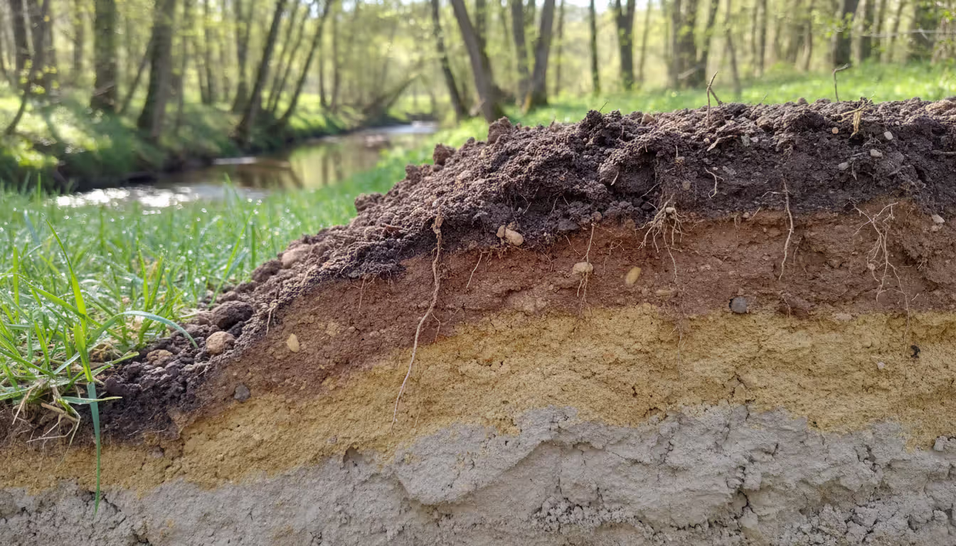 A cross-section of soil layers showing topsoil, loam, sand, and clay with green grass on top, a small stream and trees visible in the background in natural daylight
