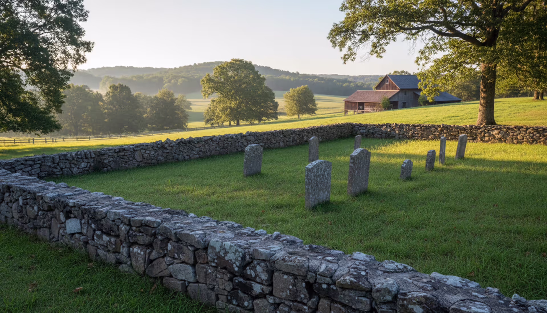 A peaceful private family cemetery on rural American property with simple stone headstones surrounded by green grass, a low stone wall, oak trees, and a distant farmhouse in warm morning light