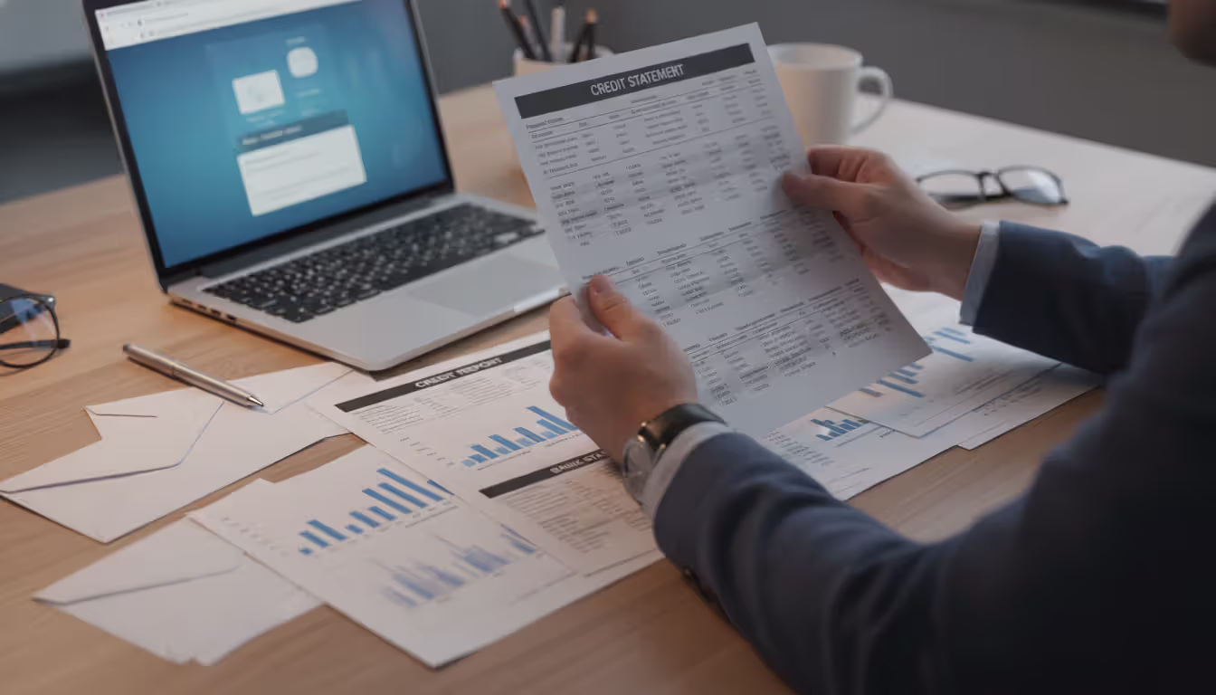 Person reviewing credit report documents and bank statements at a desk with a laptop in the background
