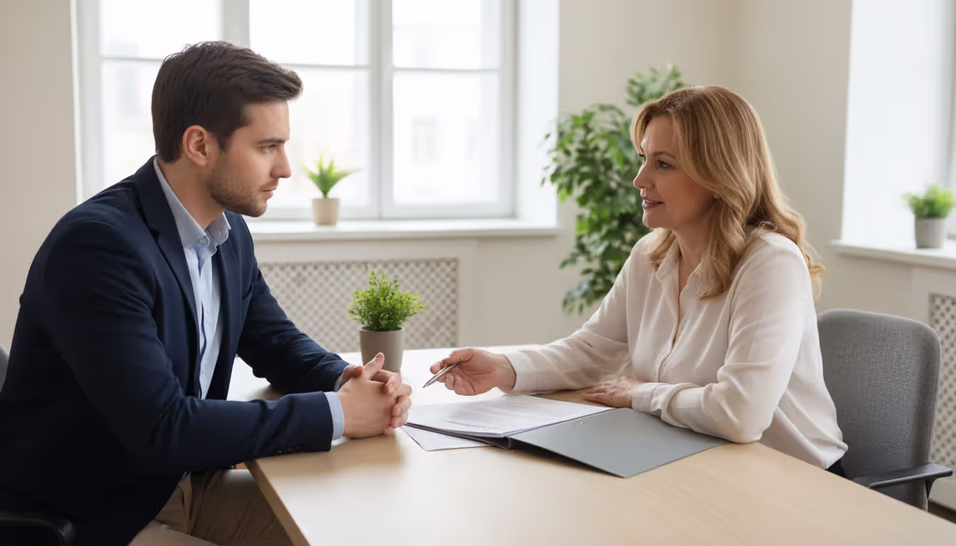 Person sitting across from a mortgage advisor in an office having a professional consultation about home loan options