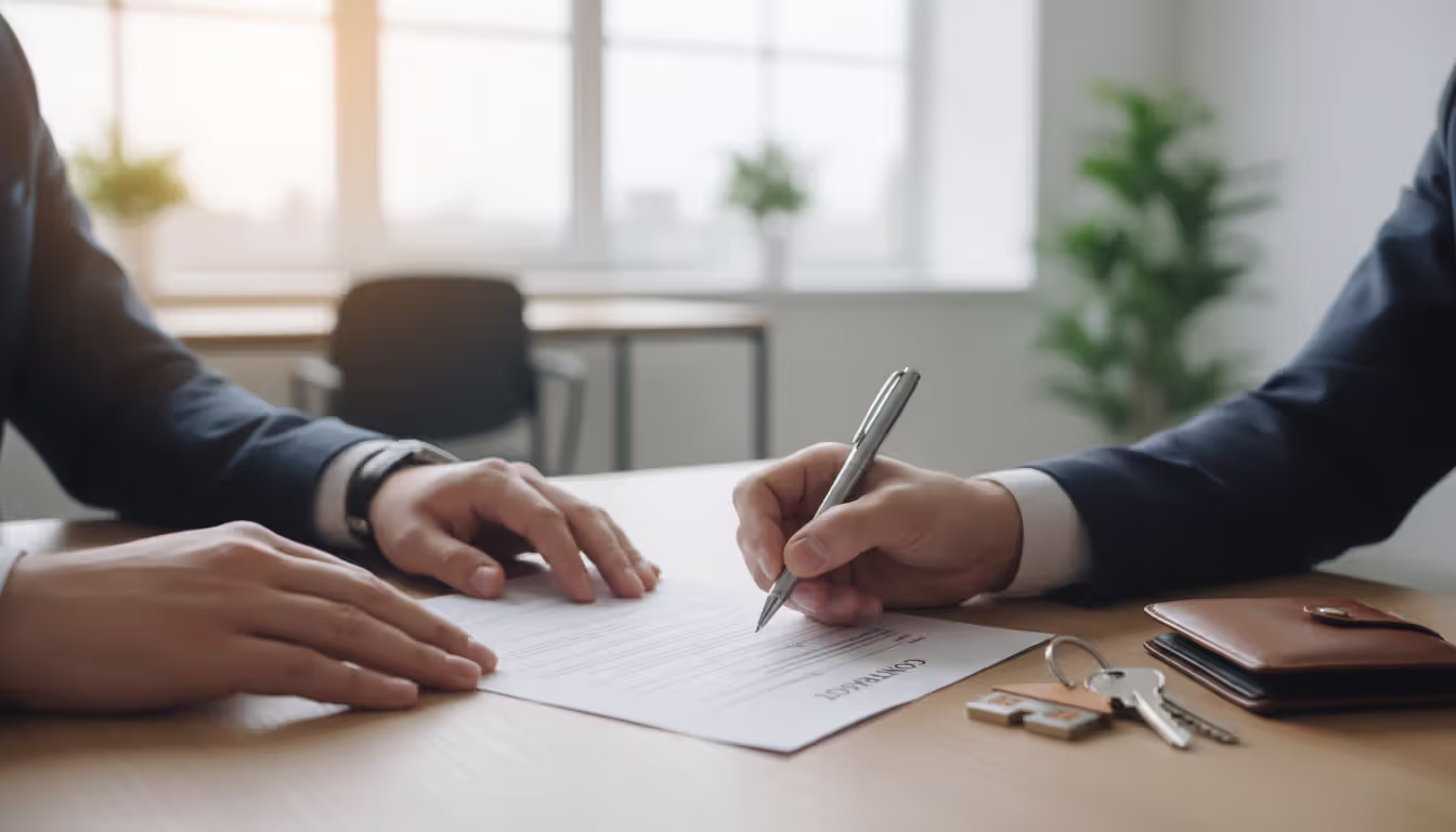 Close-up of hands signing a document with house keys on the table symbolizing successful mortgage closing