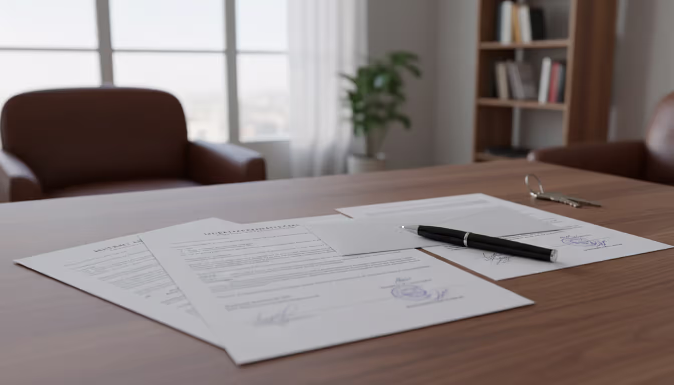 Official legal documents, an envelope, a pen, and apartment keys laid out on a residential table