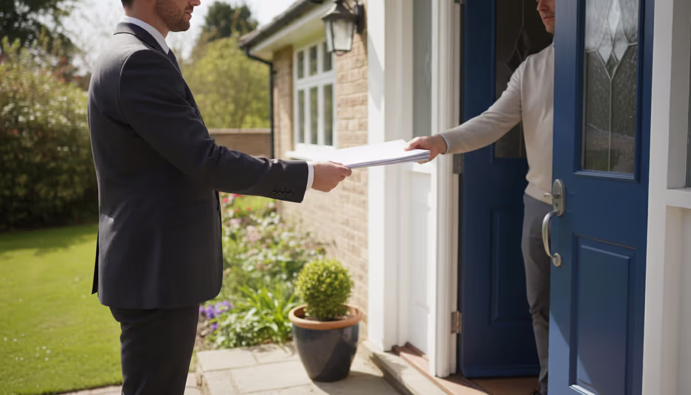 Person in business attire hand-delivering legal papers to a resident standing in the doorway of a suburban house