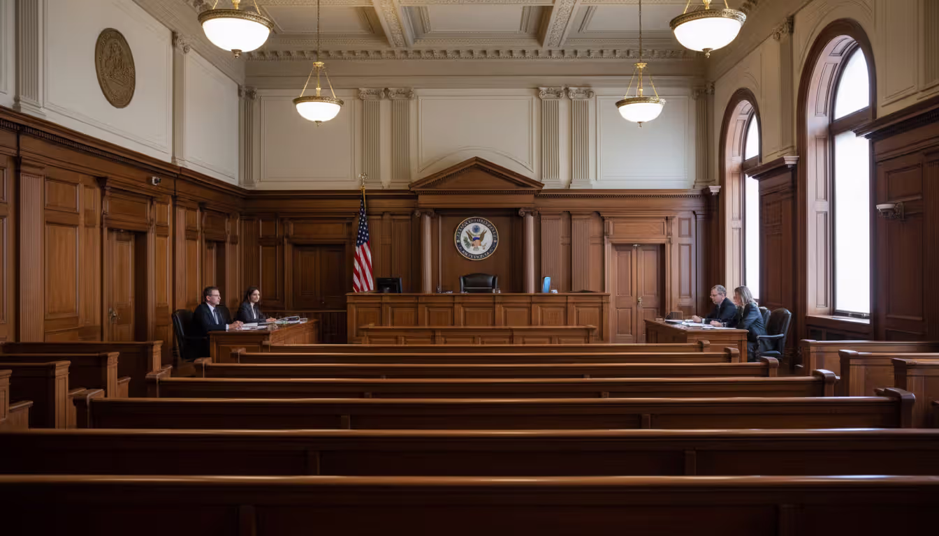 Interior of an American courtroom with judge bench, plaintiff and defendant tables, wooden furniture, and a flag