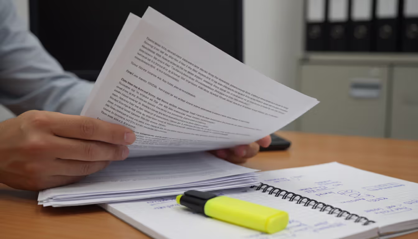 Close-up of hands reviewing a stack of printed legal documents on a desk with a highlighter and notepad nearby