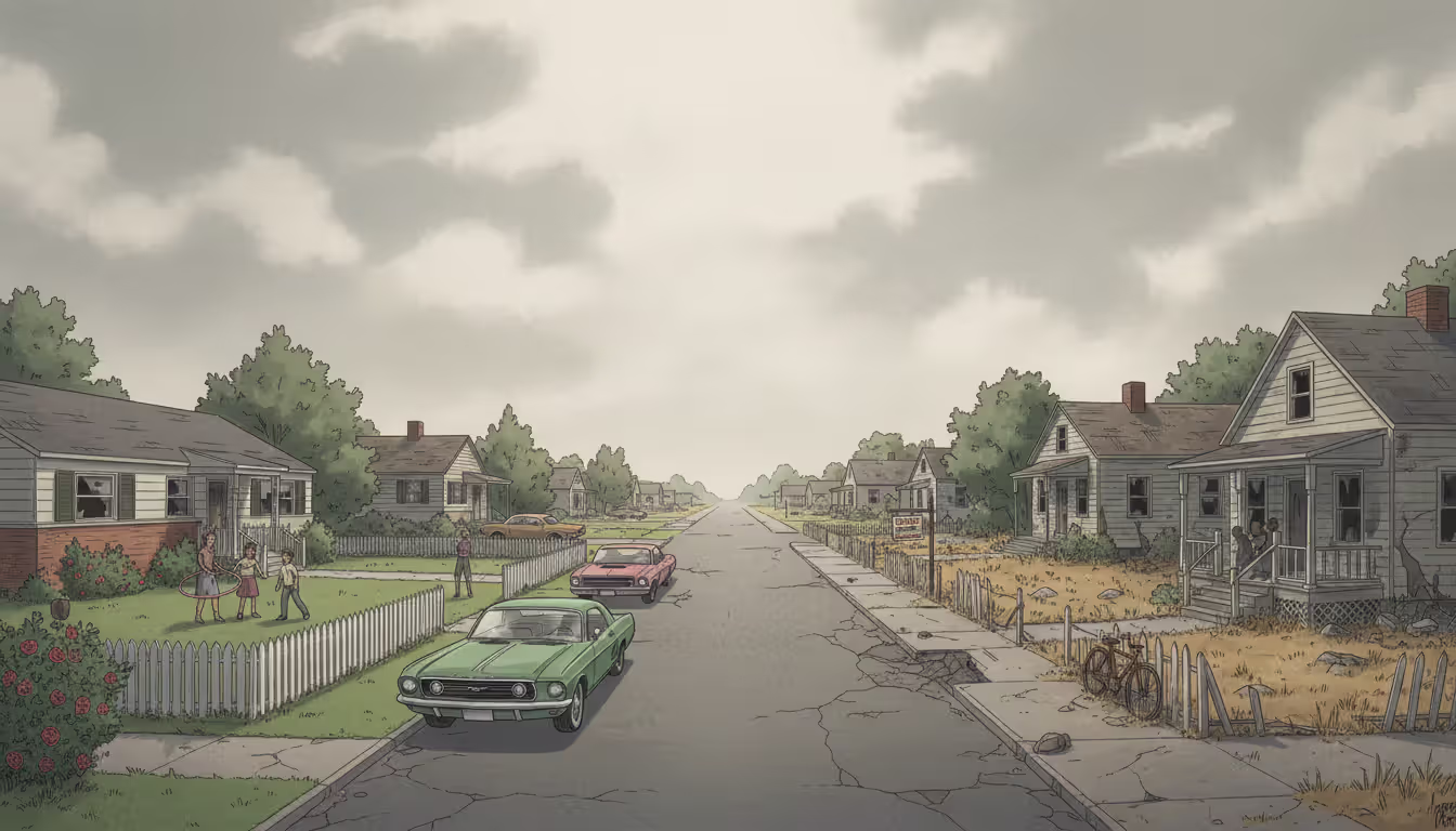 A 1960s American suburban street showing contrast between well-maintained houses on one side and deteriorating buildings on the other side, illustrating housing segregation