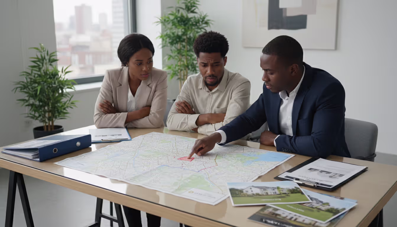 Real estate agent pointing at a limited area on a city map while showing properties to a young Black couple in a modern office, illustrating housing steering