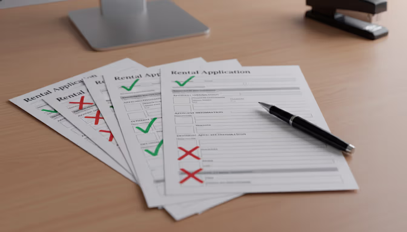 Stack of rental application forms on an office desk, some marked with green checkmarks and others with red crosses, seen from above, symbolizing unequal tenant screening