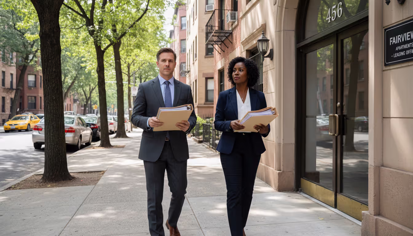 Two people of different races, a white man and a Black woman, both dressed professionally and holding document folders, approaching the front door of the same residential building, illustrating fair housing testing