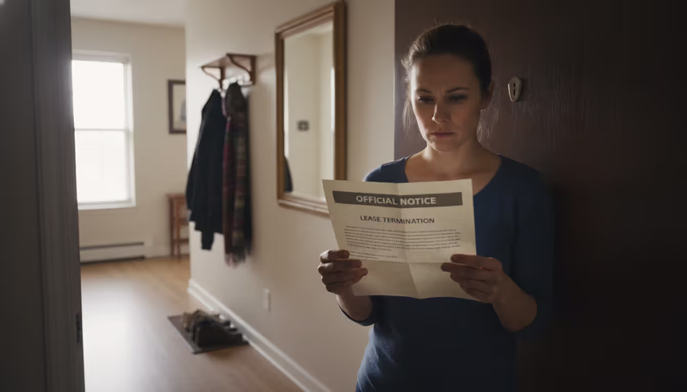 Female tenant reading an official notice document while standing near the door of her apartment