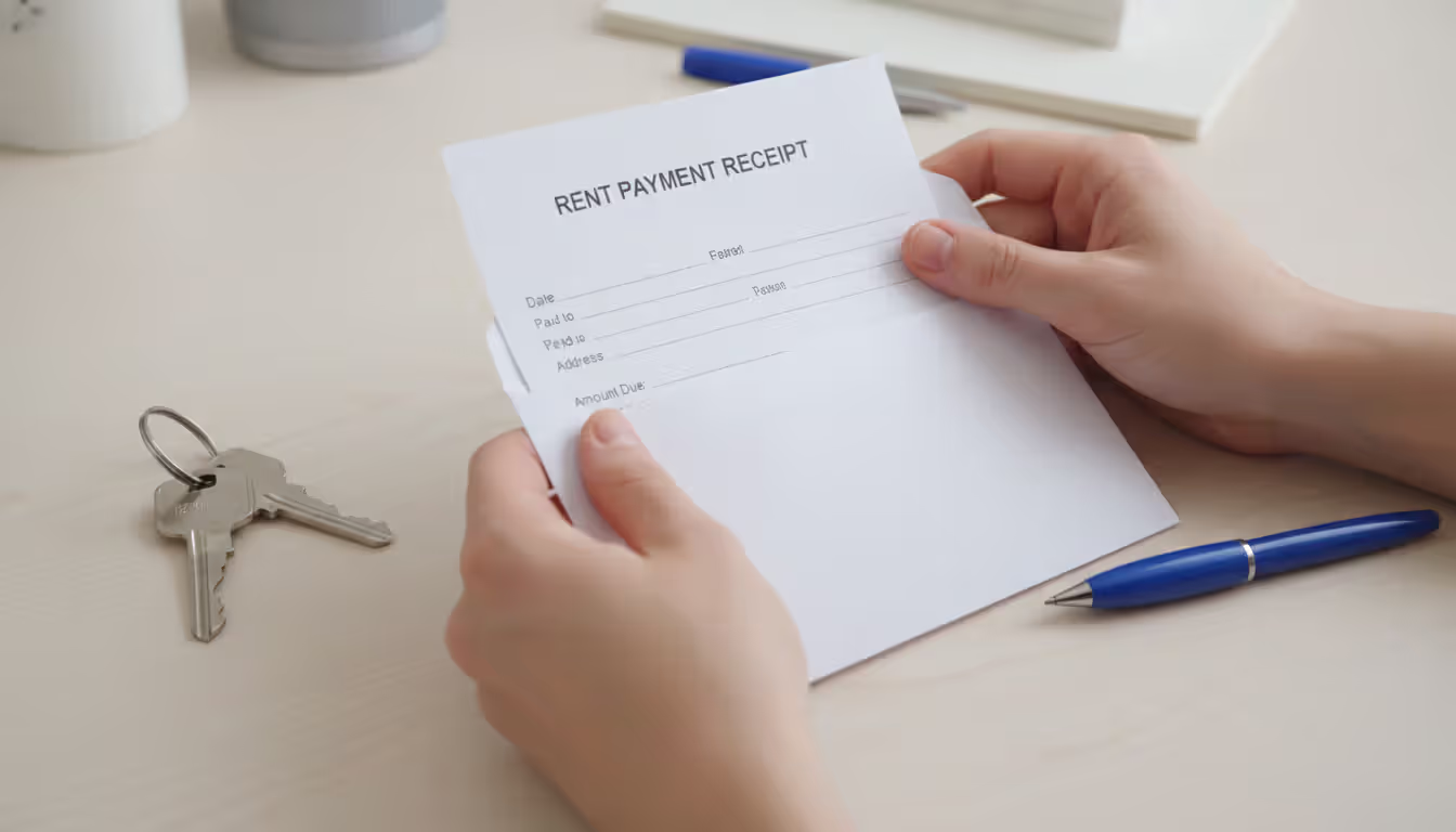 Close-up of hands holding a rent payment envelope on a desk with apartment keys and a pen