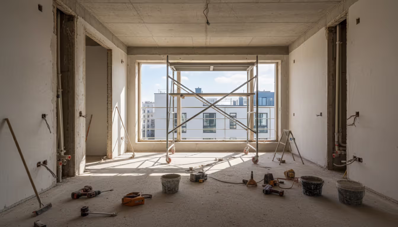 Construction workers in hard hats performing major renovation inside an empty apartment with exposed walls and scaffolding