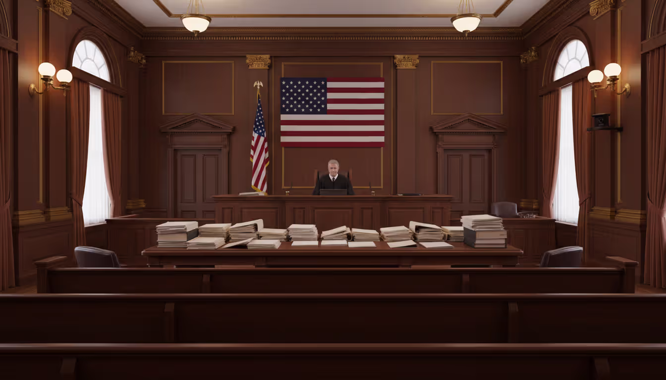 American courtroom interior with judge bench, legal documents, empty seats and US flag on the wall