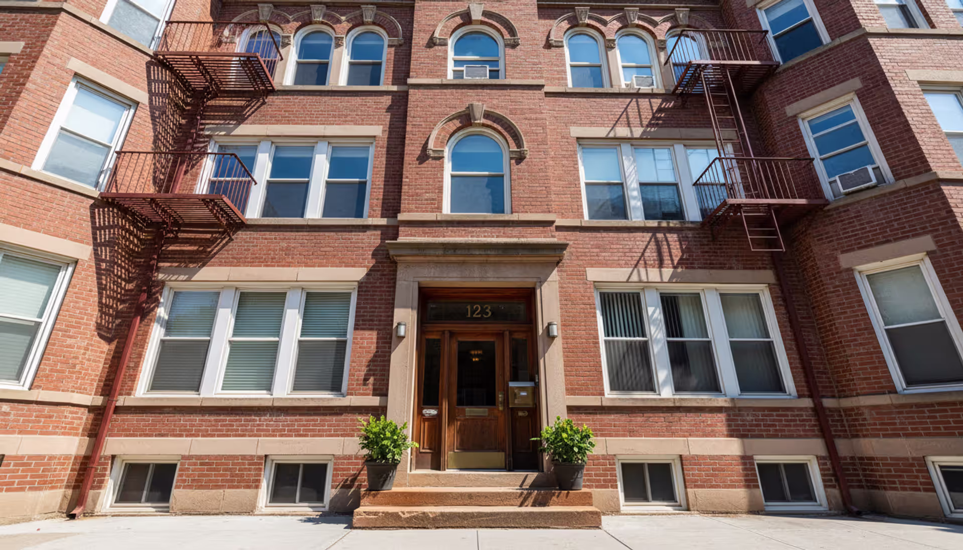 Red brick apartment building facade in an American city with entrance door and mailboxes, viewed from below against a blue sky