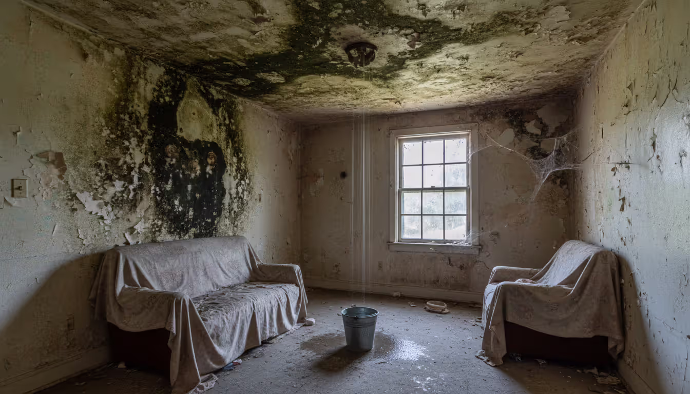 Neglected apartment room corner with dark mold on walls and ceiling and a bucket collecting water from a leak