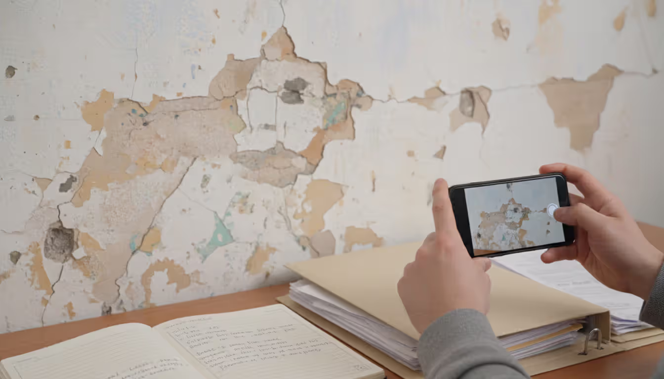 Hands holding a smartphone taking a photo of a damaged apartment wall with a notebook and folder on a table nearby