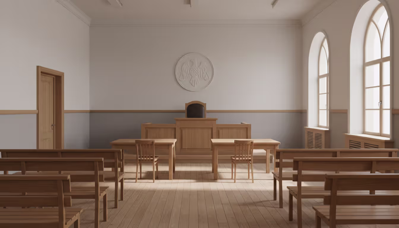 Empty small courtroom interior with a judge bench, two opposing tables, wooden benches, and natural light from large windows