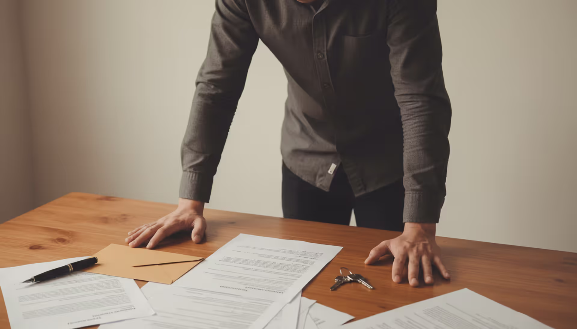 Stressed tenant leaning on a table with legal documents, apartment keys, and an envelope