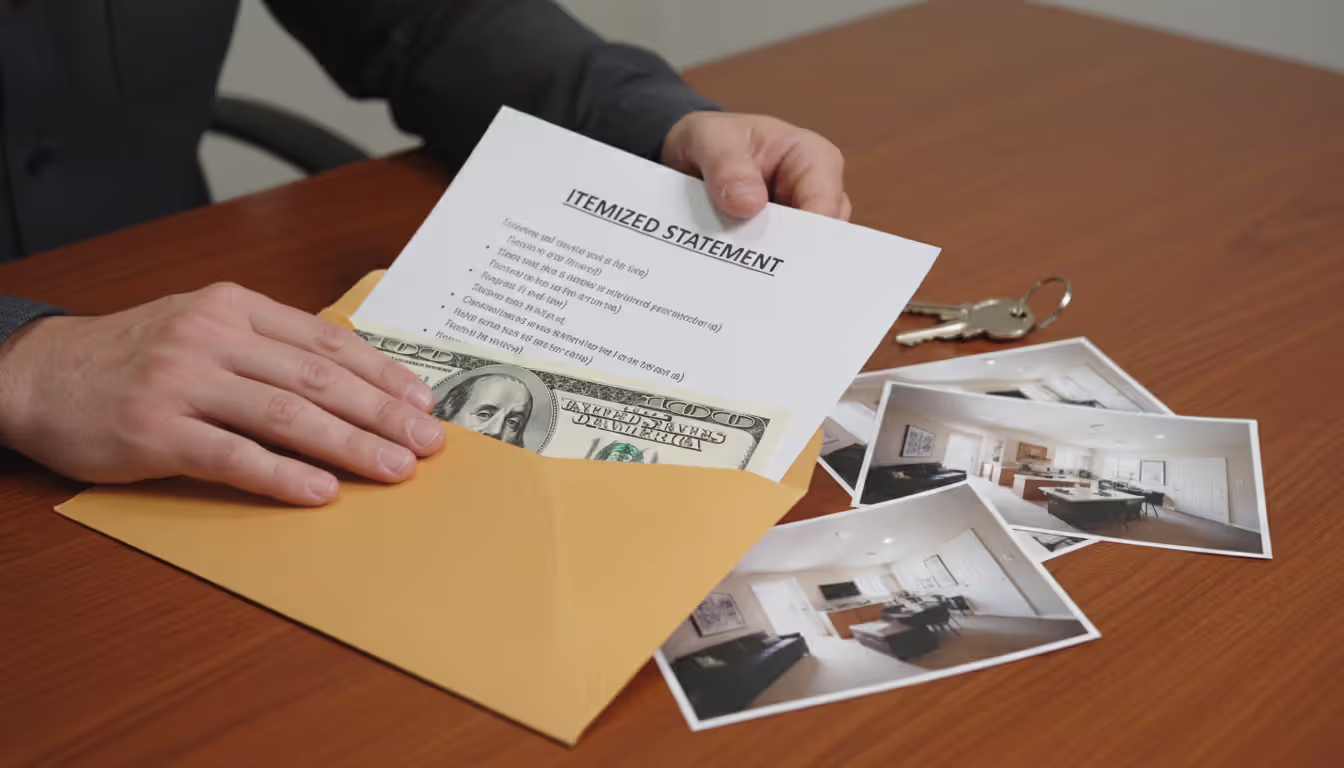 Close-up of hands holding an envelope with money and an itemized deduction statement, apartment keys and inspection photos on the table