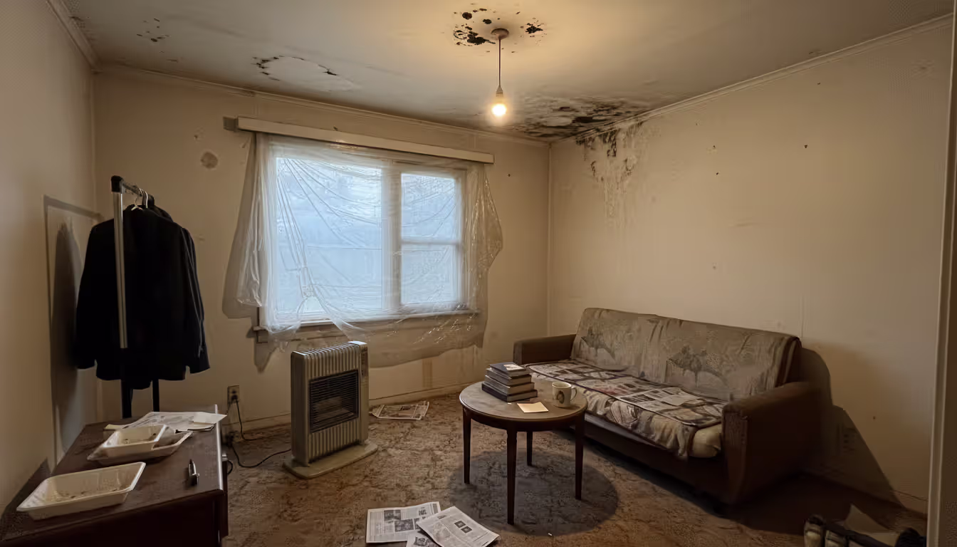 Apartment room with water damage stains on ceiling, mold on wall, portable space heater, and plastic-covered window showing uninhabitable conditions
