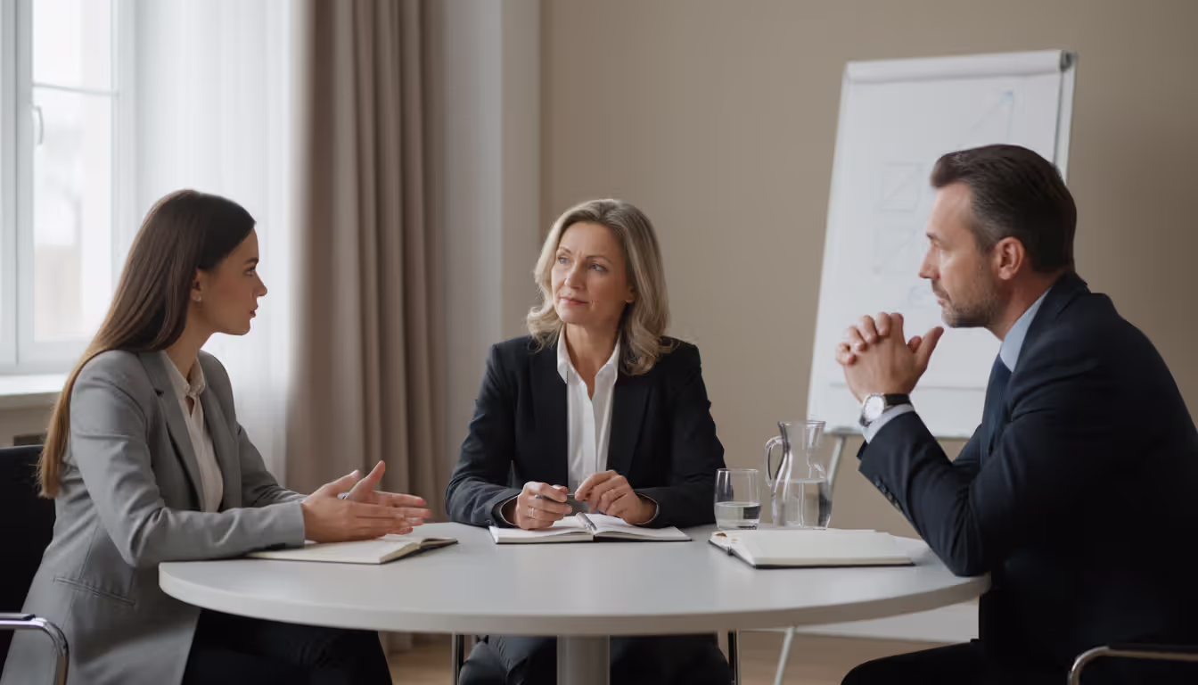 Three people sitting at a round table during a mediation session in a neutral conference room, mediator facilitating discussion between disputing parties