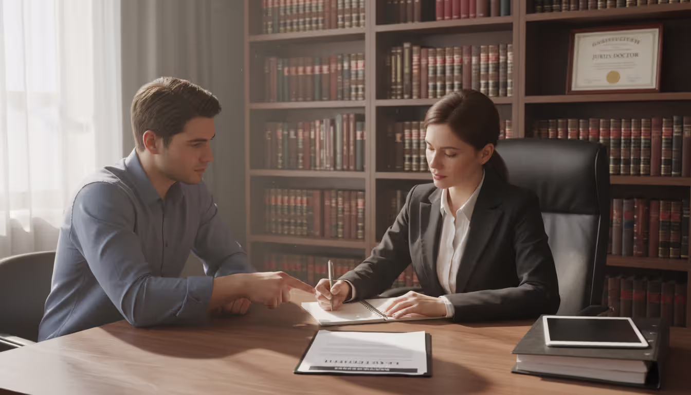 Client showing a lease agreement to an attorney during an initial consultation in a law office with bookshelves and framed diploma on the wall