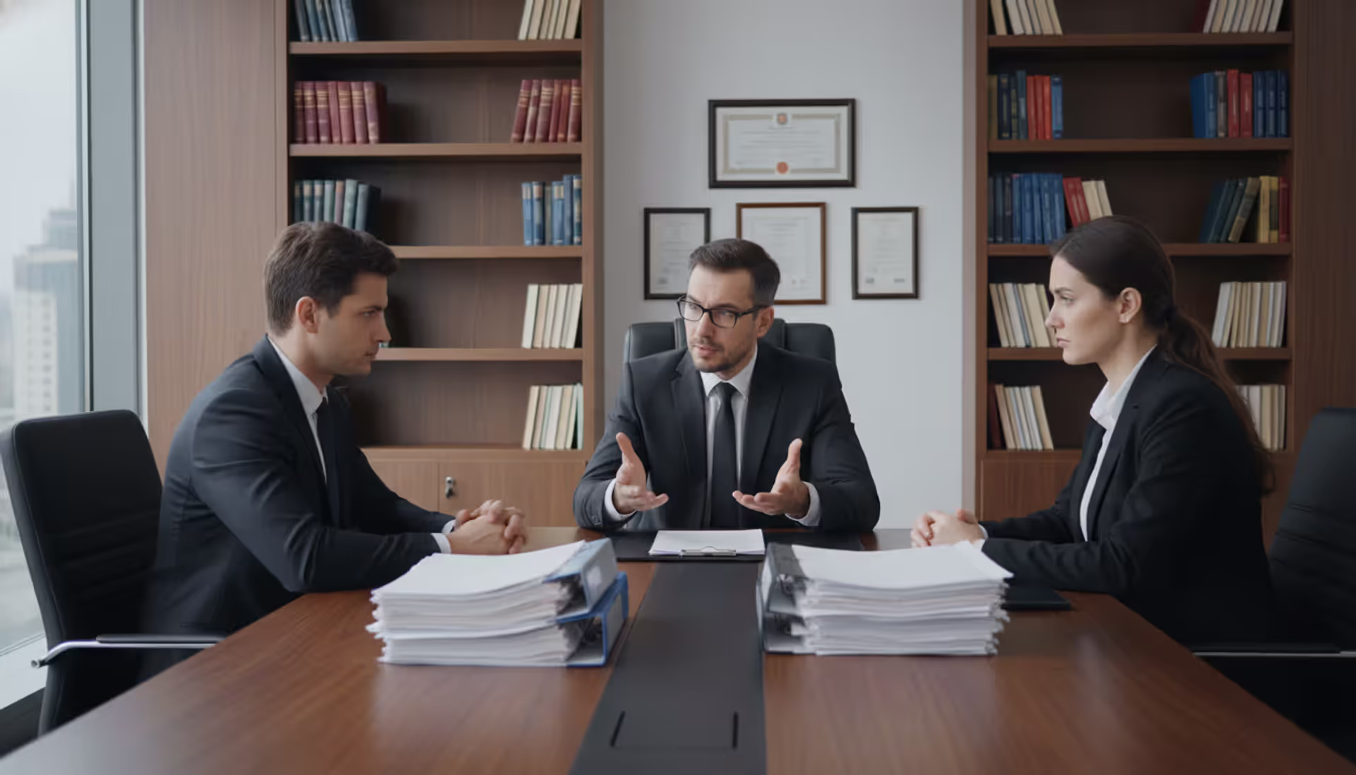 Landlord and tenant sitting across from each other at an attorney's office desk with legal documents, lawyer mediating between them