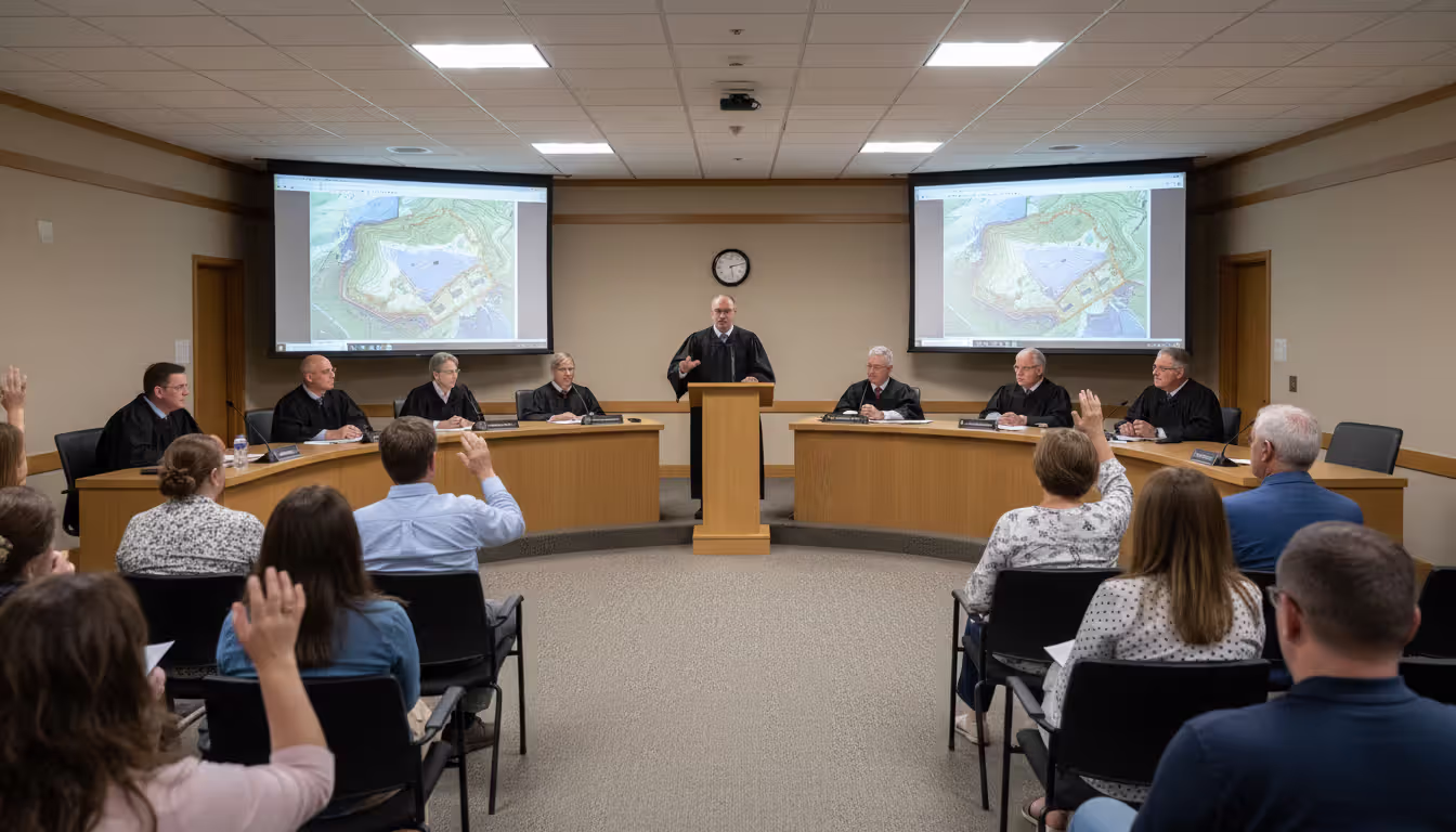 A public hearing scene in a planning commission room with commissioners seated at an elevated desk and a speaker at a microphone addressing the audience of residents
