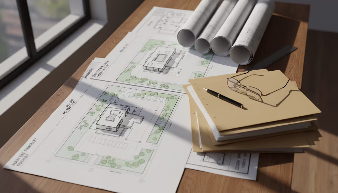 Architectural blueprints and site plans spread on a wooden desk with thick document folders a pen and reading glasses nearby in natural daylight