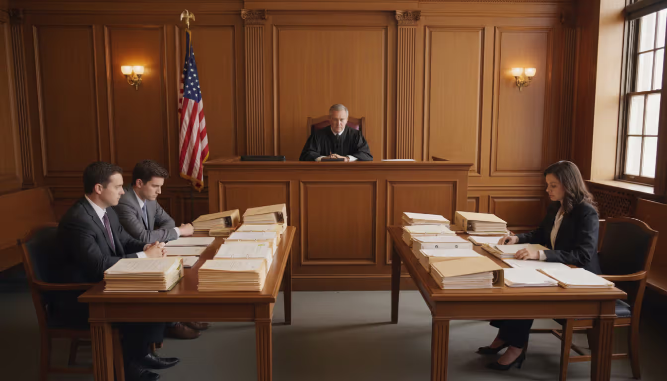 A courtroom scene with a judge at the bench and two legal teams at opposing tables with stacks of documents and an American flag in the background