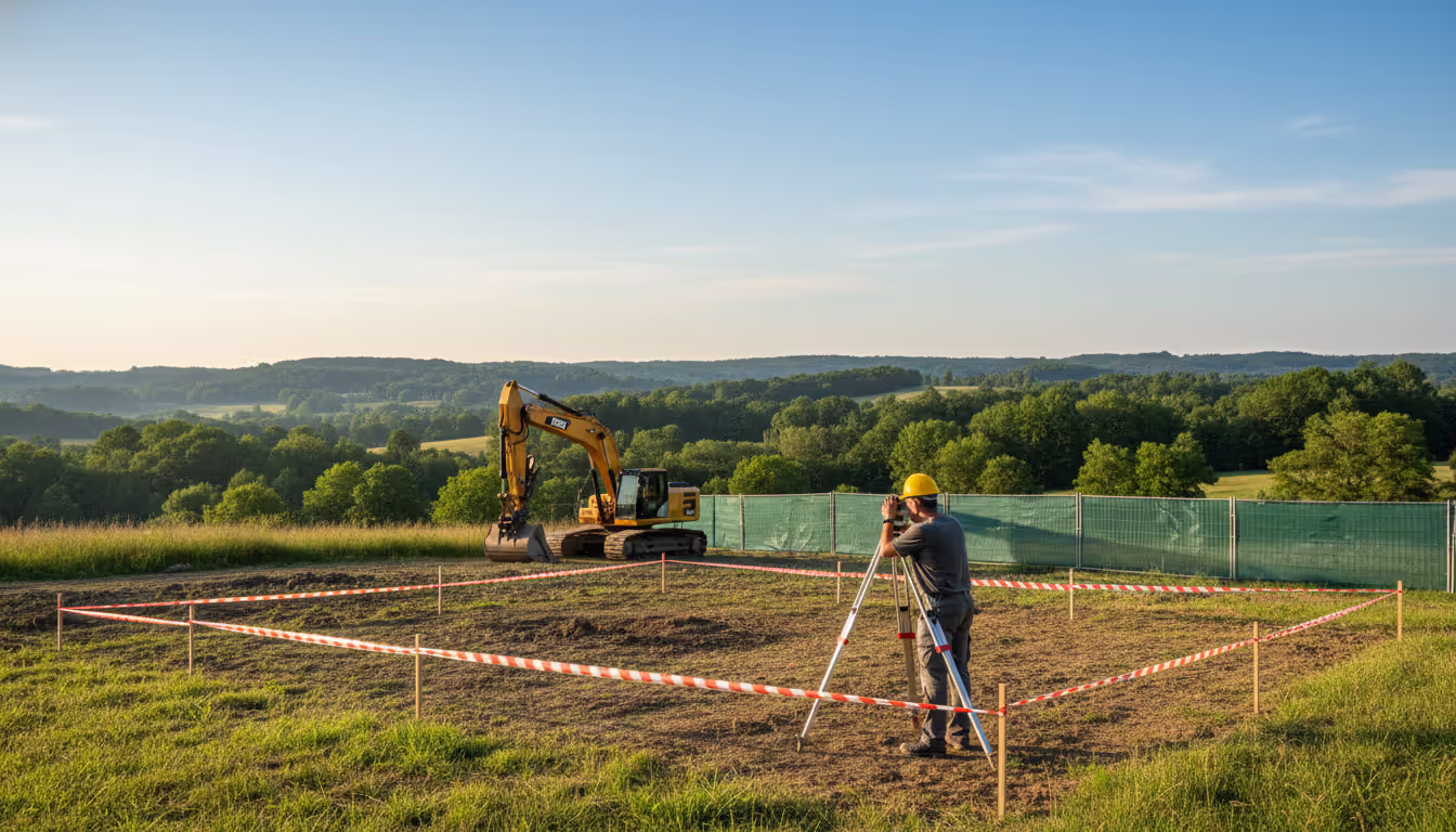 A surveyor with theodolite equipment at a marked construction site with an excavator and safety fence and a natural landscape with trees and hills in the background
