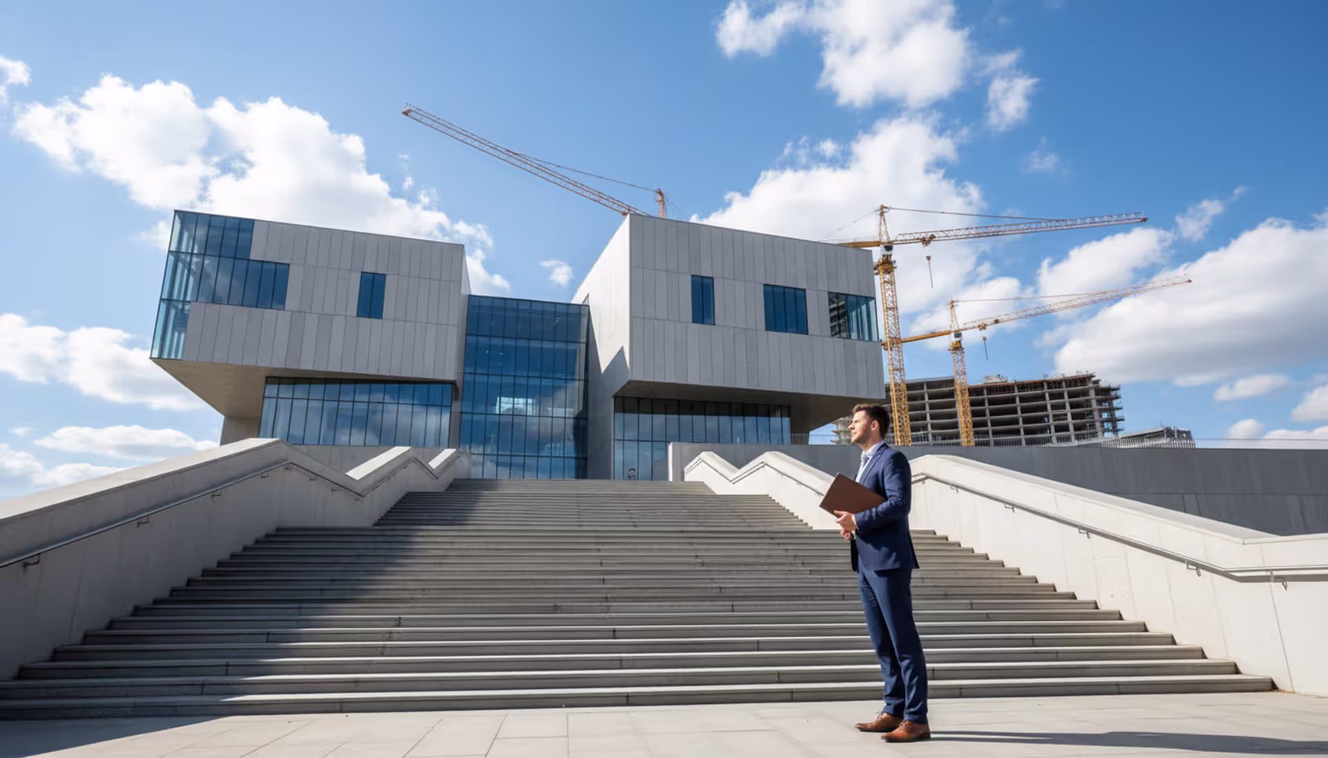A businessman in a suit holding documents standing in front of a modern city hall building with construction cranes visible in the background against a blue sky