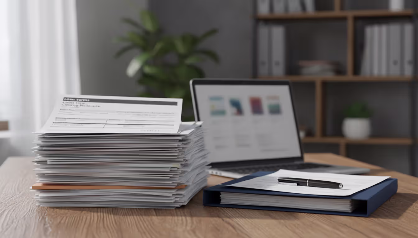 Close-up of closing disclosure documents and paperwork on a wooden desk next to an open laptop