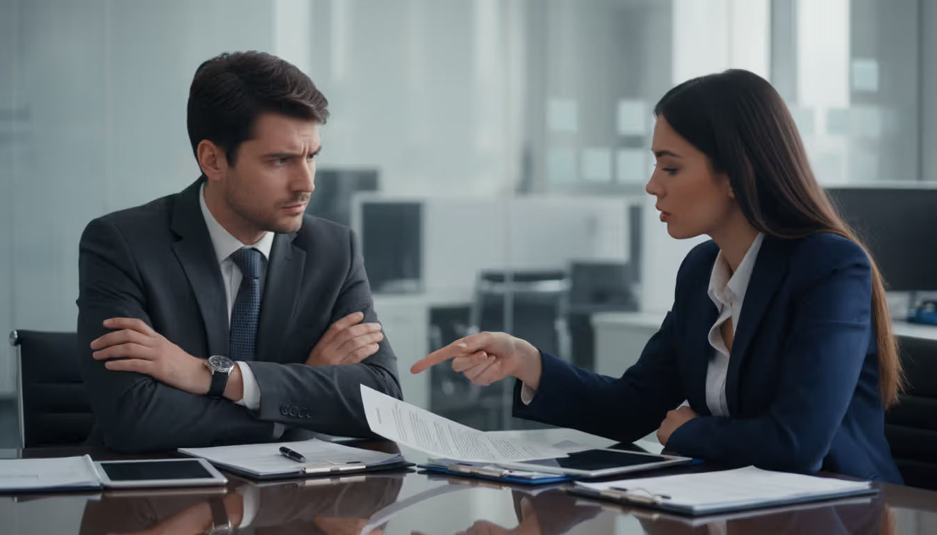 Two people sitting across a table during a tense business meeting with documents between them representing a real estate commission dispute