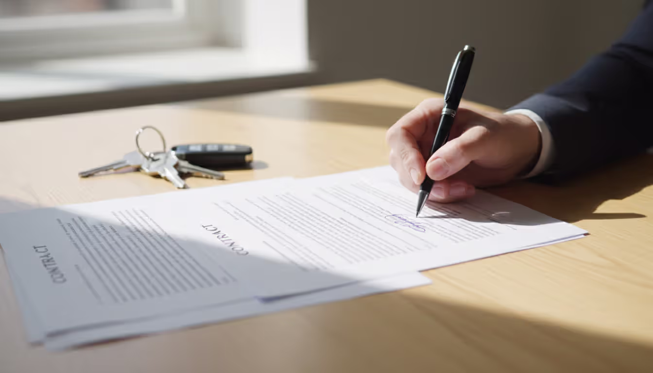 Hand signing a buyer broker agreement document on a desk with house keys nearby