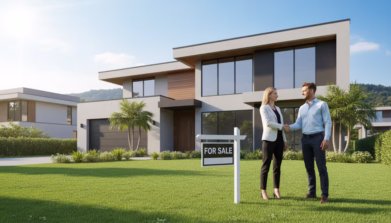 Modern suburban house with a For Sale sign on the lawn and two people shaking hands representing a successful real estate deal