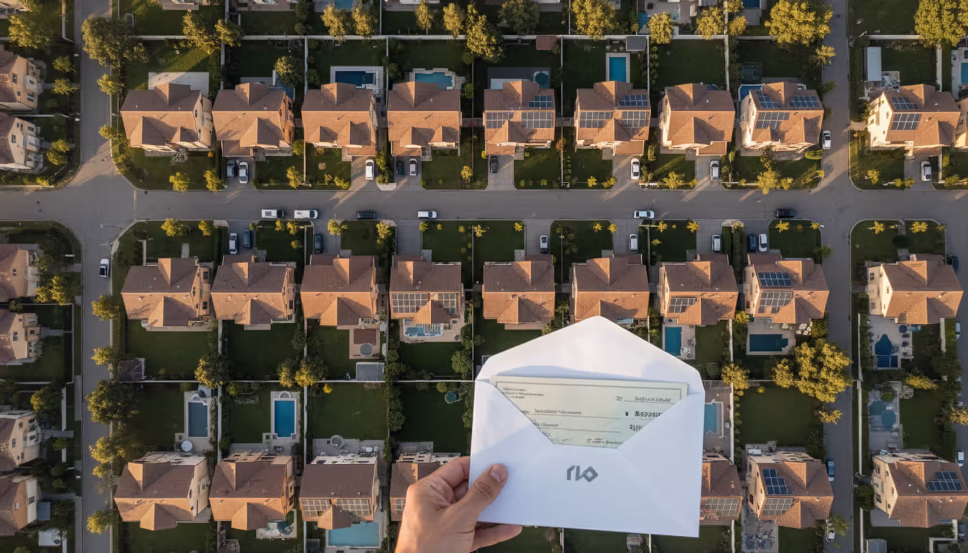 Aerial view of suburban neighborhood with residential houses and a hand holding an envelope with a settlement check