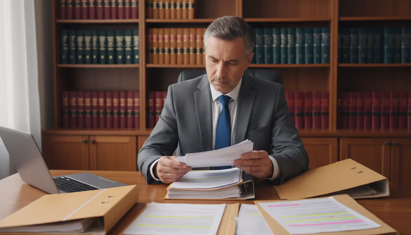 Attorney in business suit reviewing real estate contract documents at office desk with legal books on shelves in background