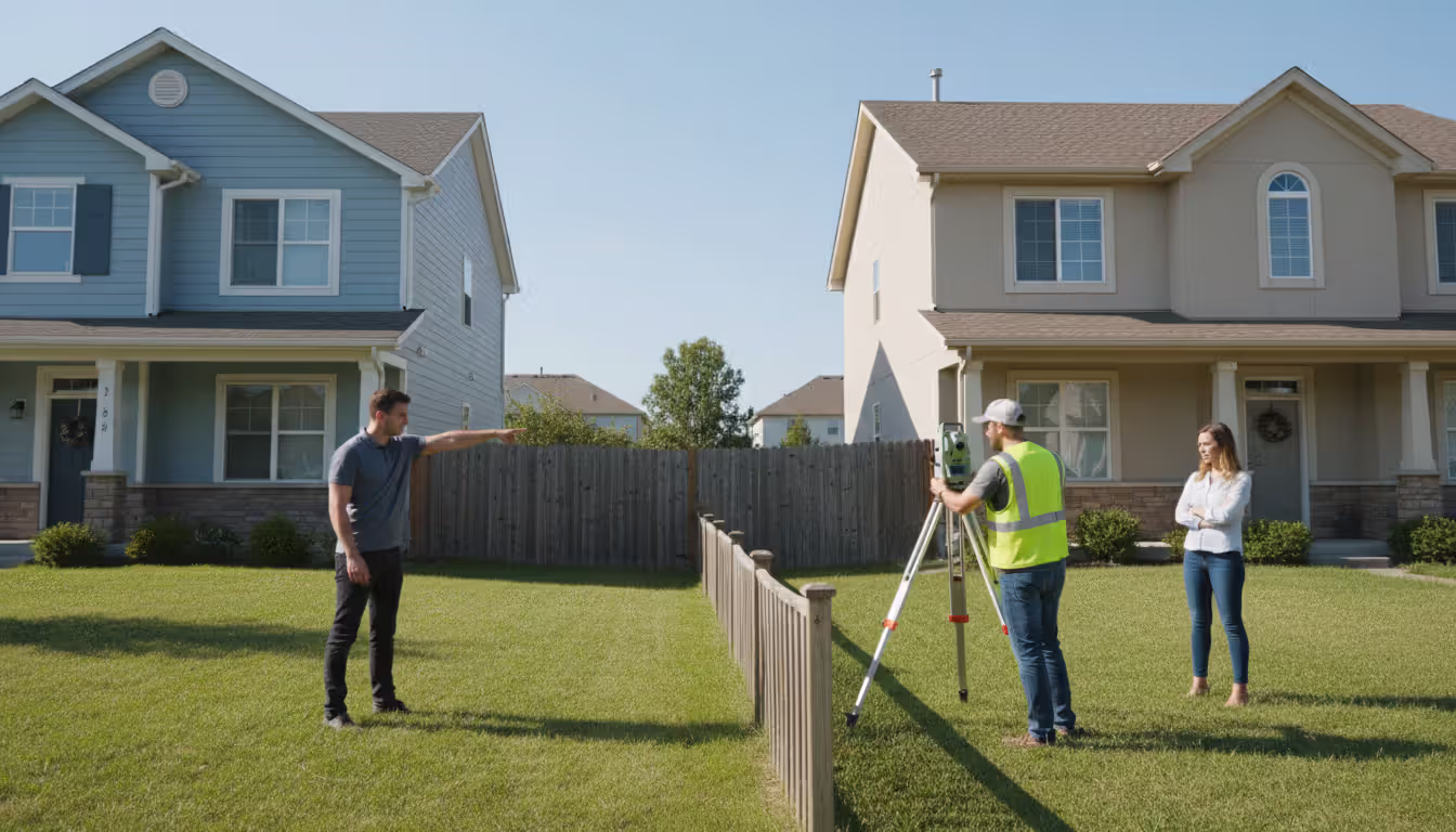 Land surveyor with equipment measuring property boundary line between two residential houses while homeowner points at disputed fence