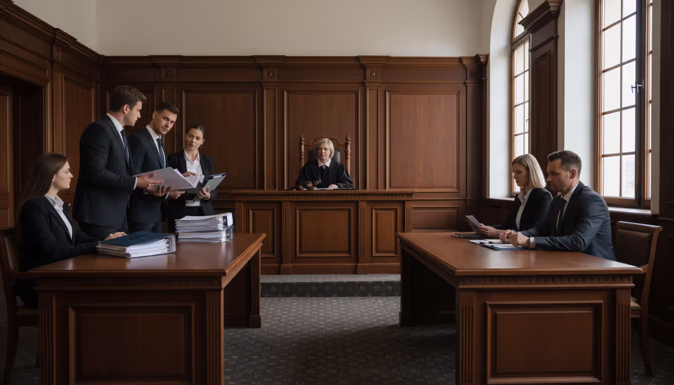 Courtroom interior with plaintiff attorney and client at table presenting legal documents, defendant side visible, wooden courtroom furnishings