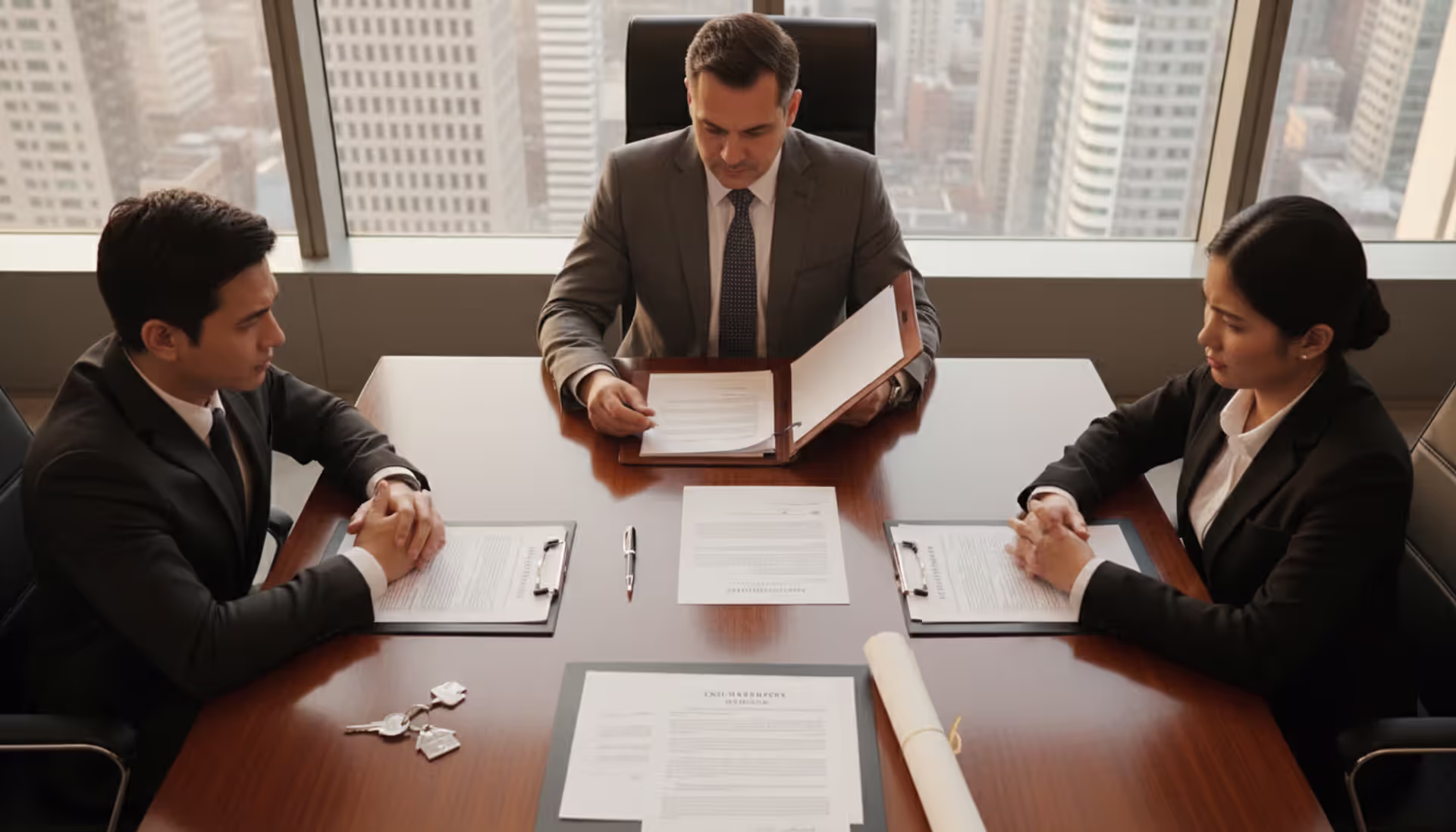 Two business people and a lawyer sitting at a conference table with real estate documents, house keys, and legal papers in a modern office with city view through windows
