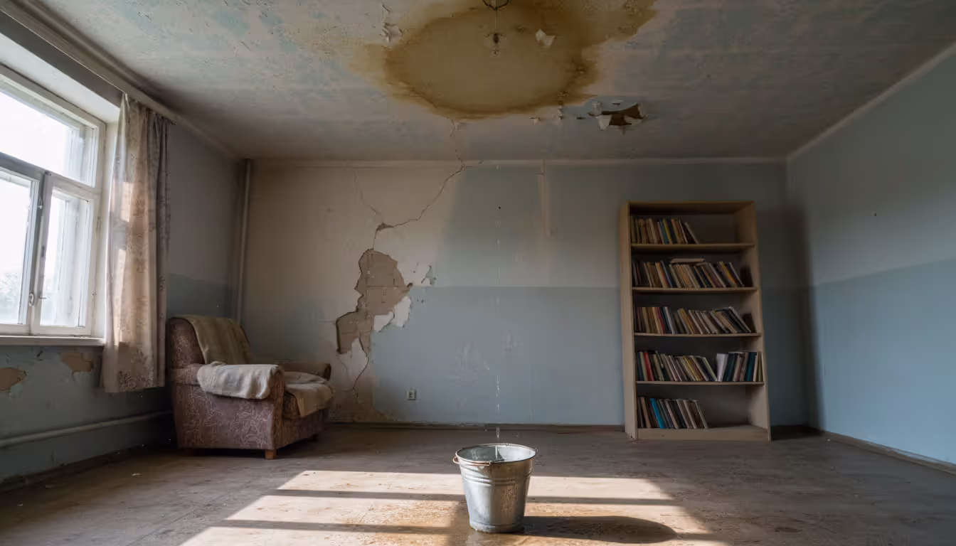 Rental apartment with a leaking ceiling, peeling paint, and a bucket collecting water on the floor showing habitability issues