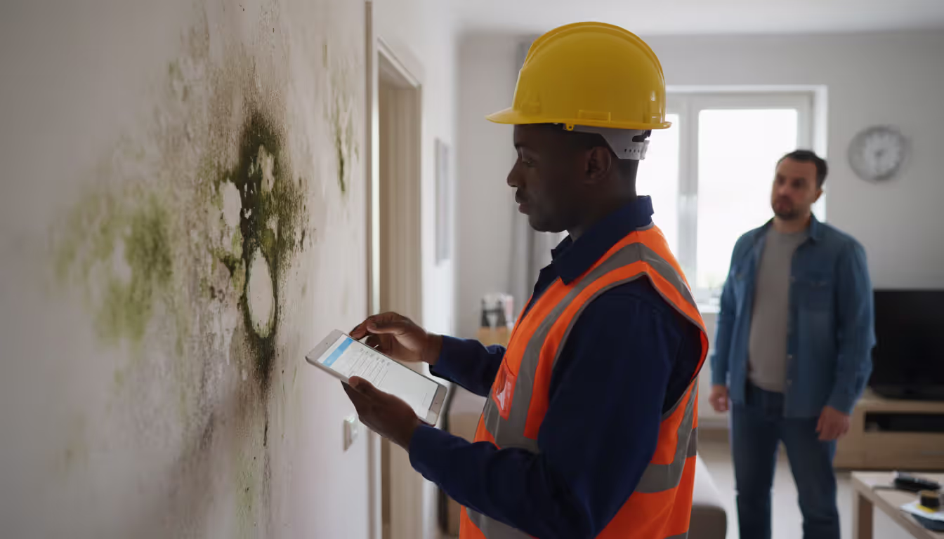 Housing inspector examining mold damage on apartment wall while tenant observes the inspection process