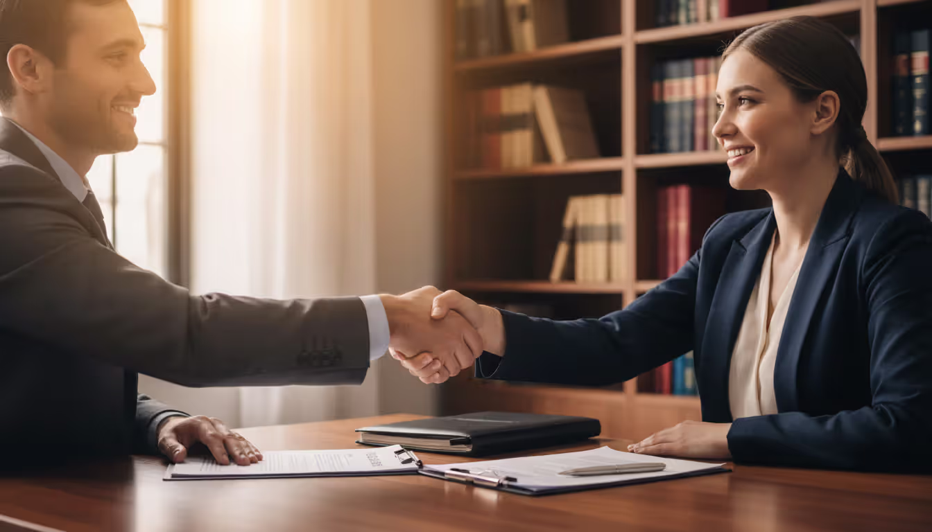 Lawyer and tenant client shaking hands across a desk with legal documents in a professional law office
