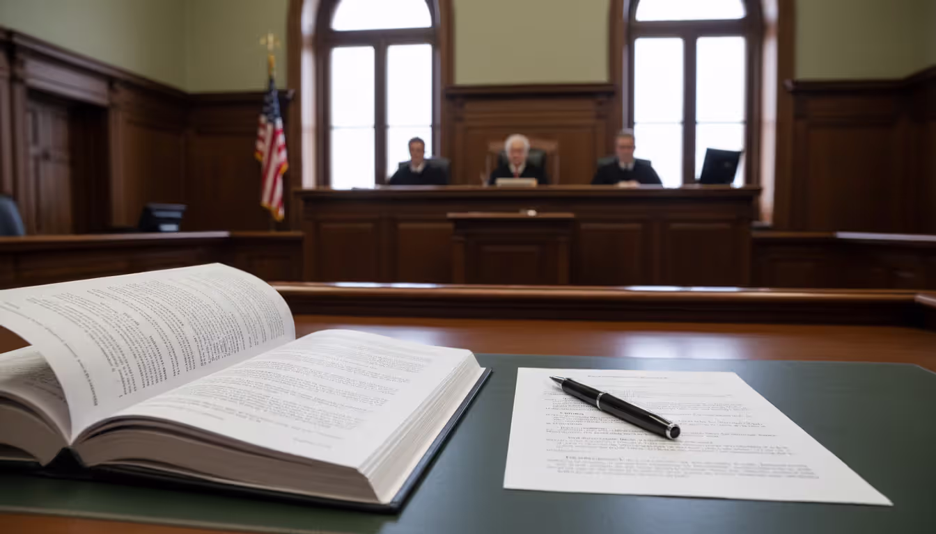 Courtroom scene with legal documents on attorney desk and blurred judge bench in the background