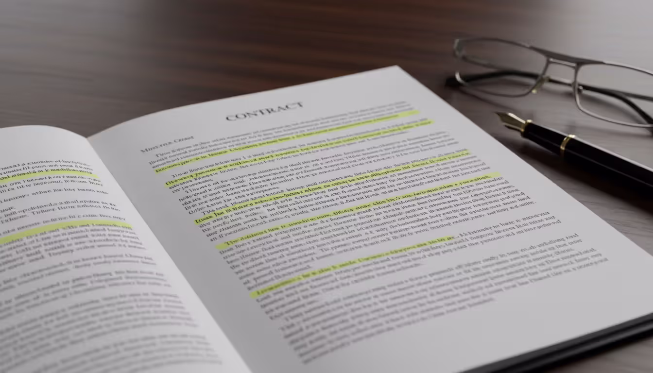 Close-up of a multi-page legal contract with highlighted clauses on a dark wooden desk with a pen and reading glasses