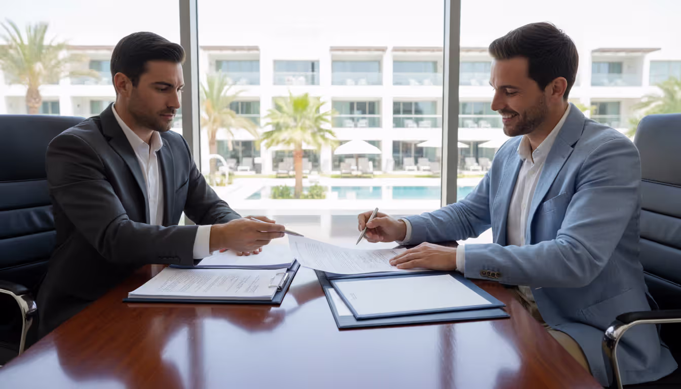 Two people in business attire negotiating a timeshare deed-back agreement across an office desk with resort building visible through window